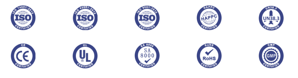 Collection of compliance badges for uKERA vape hardware manufacturing, featuring ISO, UL, CE, RoHS, HACCP, SA 8000, and GMP certified standards.