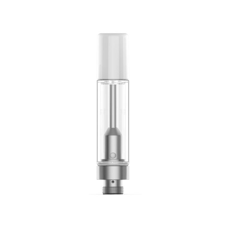 Customizable uKERA 510 press-on cartridges with transparent glass oil chambers and custom ceramic mouthpieces for cannabis brand packaging.
