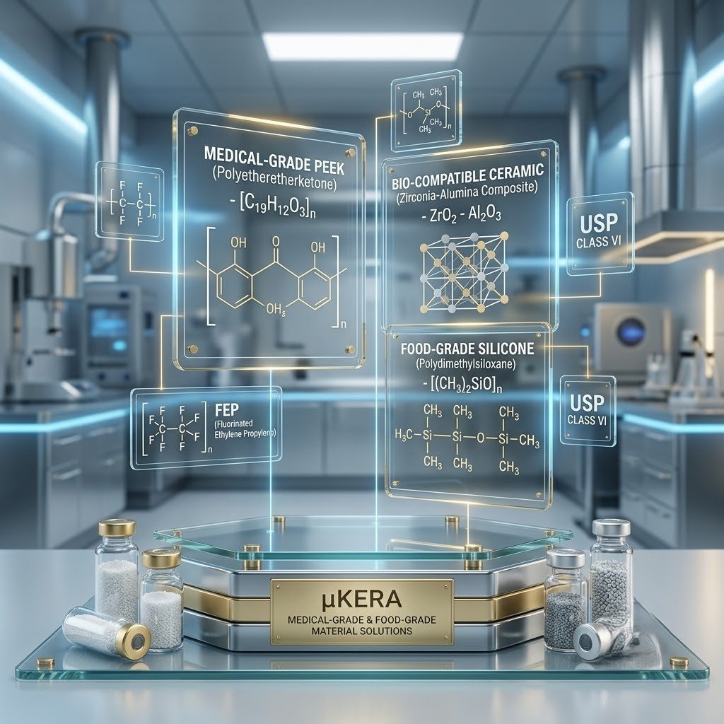 A laboratory setup displaying transparent holographic screens with chemical formulas for medical-grade PEEK, biocompatible ceramic, food-grade silicone, and FEP above sample vials.