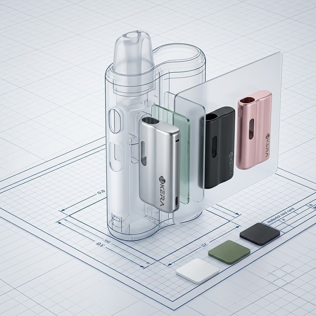 An isometric 3D render showing a translucent µKERA modular vaporizer body on a grid blueprint, with four interchangeable color modules (Silver, Black, Pink, Green) aligning into place next to matching material swatches.