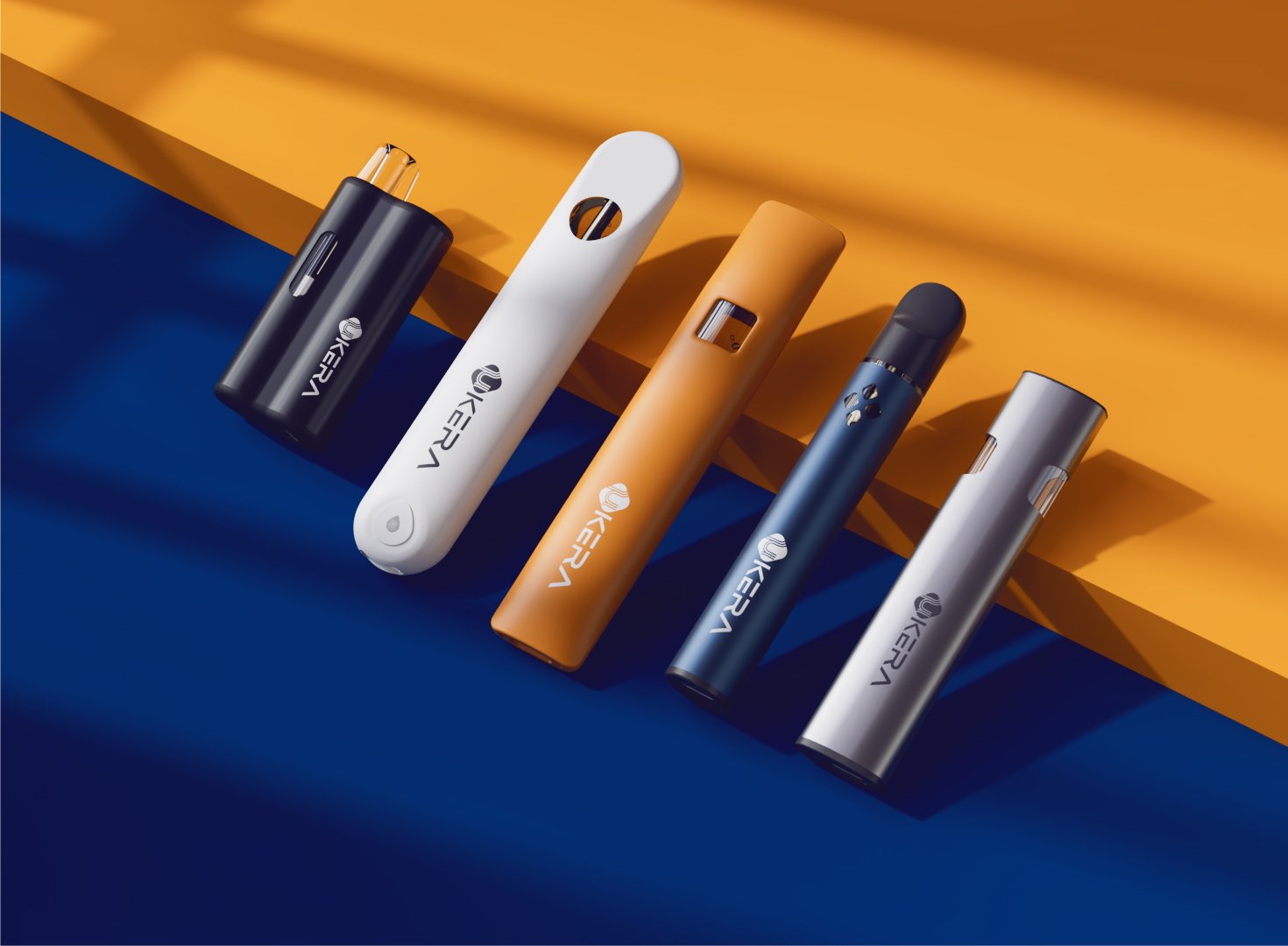 A collection of custom µKERA disposable vape pens in various colors and designs, highlighting OEM ceramic micro-vaporization hardware for cannabis extracts.