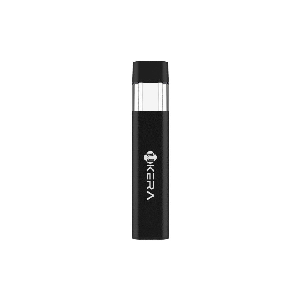 Front view of the matte black uKERA Ultra Slim disposable THC vape device with transparent viewing window