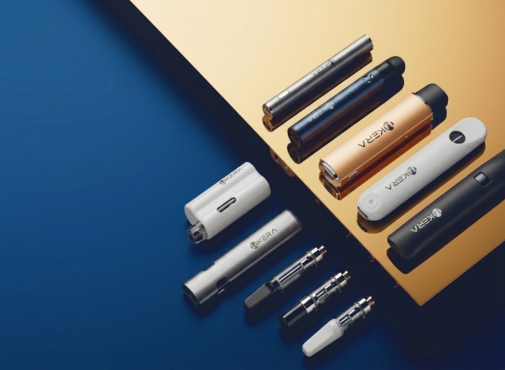 Full lineup of premium µKERA cannabis vape hardware including 510 cartridges, custom pods, and disposable vape pens powered by ceramic micro-vaporization technology.