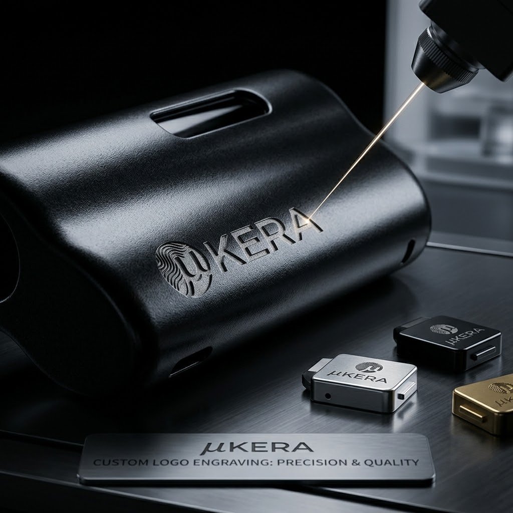 A precision laser beam is engraving the μKERA logo onto a black textured vaporizer cylinder. Below, engraved metal tiles in black, silver, and gold are shown, alongside a metal plague that reads: 'μKERA CUSTOM LOGO ENGRAVING: PRECISION & QUALITY'.