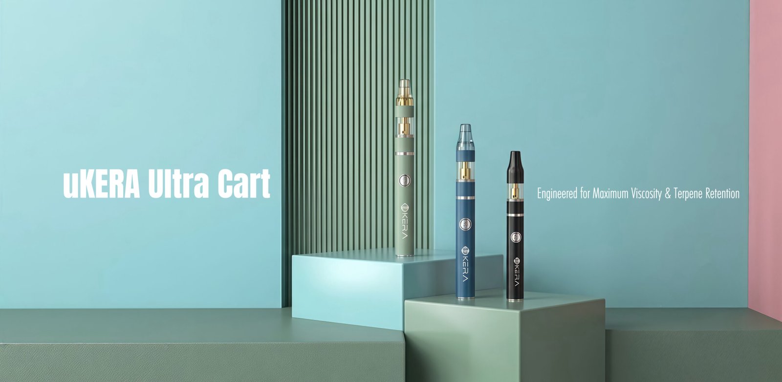 uKERA Ultra Cart variable voltage 510 thread batteries with ceramic cartridges, push-button controls, and colorful metallic finishes.