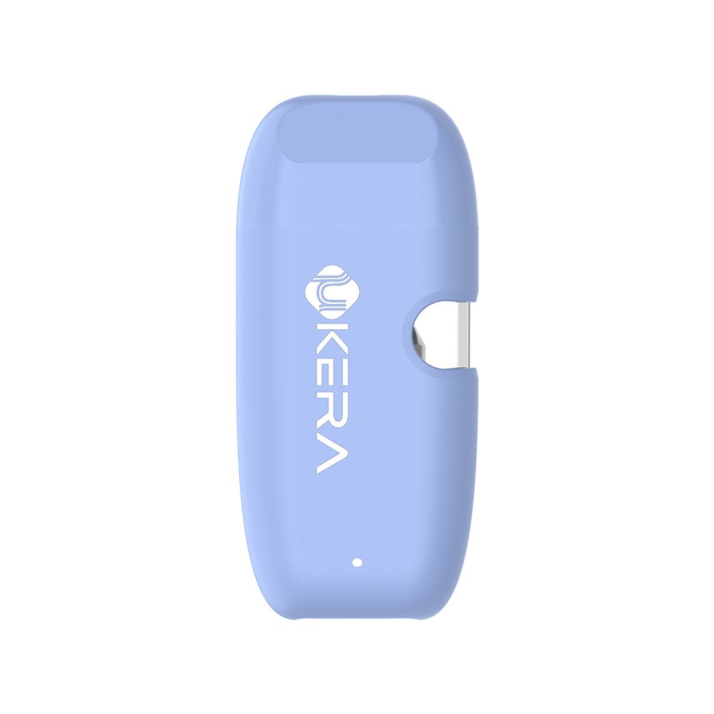 Light blue uKERA G189 Cobi compact disposable vaporizer device with bottom USB-C fast charging port and customizable oil intake holes at UKERALAB.com.
