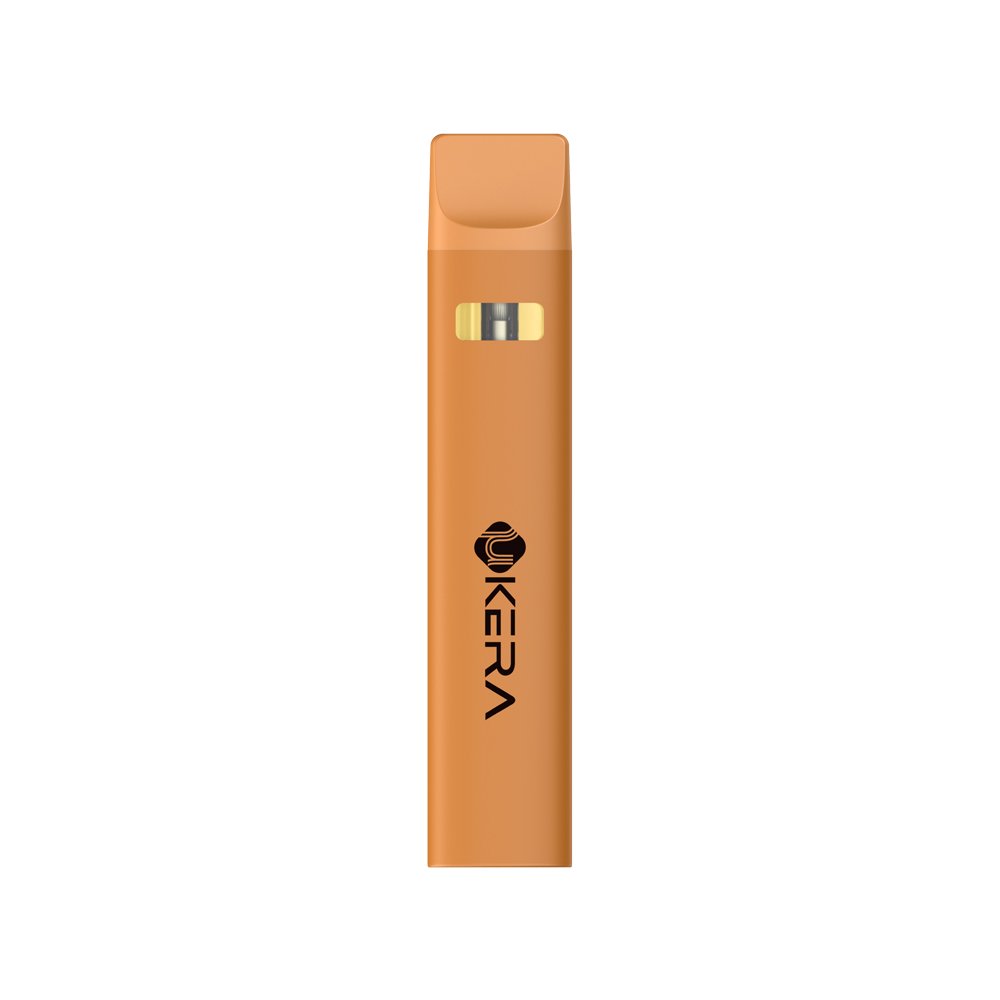 Three uKERA XP-R all-in-one disposable vape devices in orange, green, and blue, showcasing sleek custom colors on a minimalist wooden display.