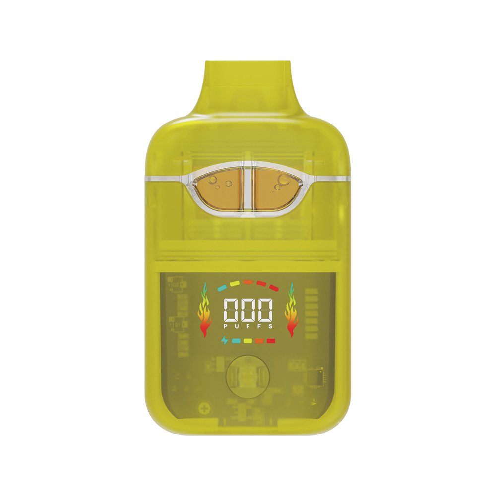 Ukera G192 rechargeable disposable vape pens equipped with a 250mAh battery, PCTG dual tank, and flame working status indicators on display pedestals.