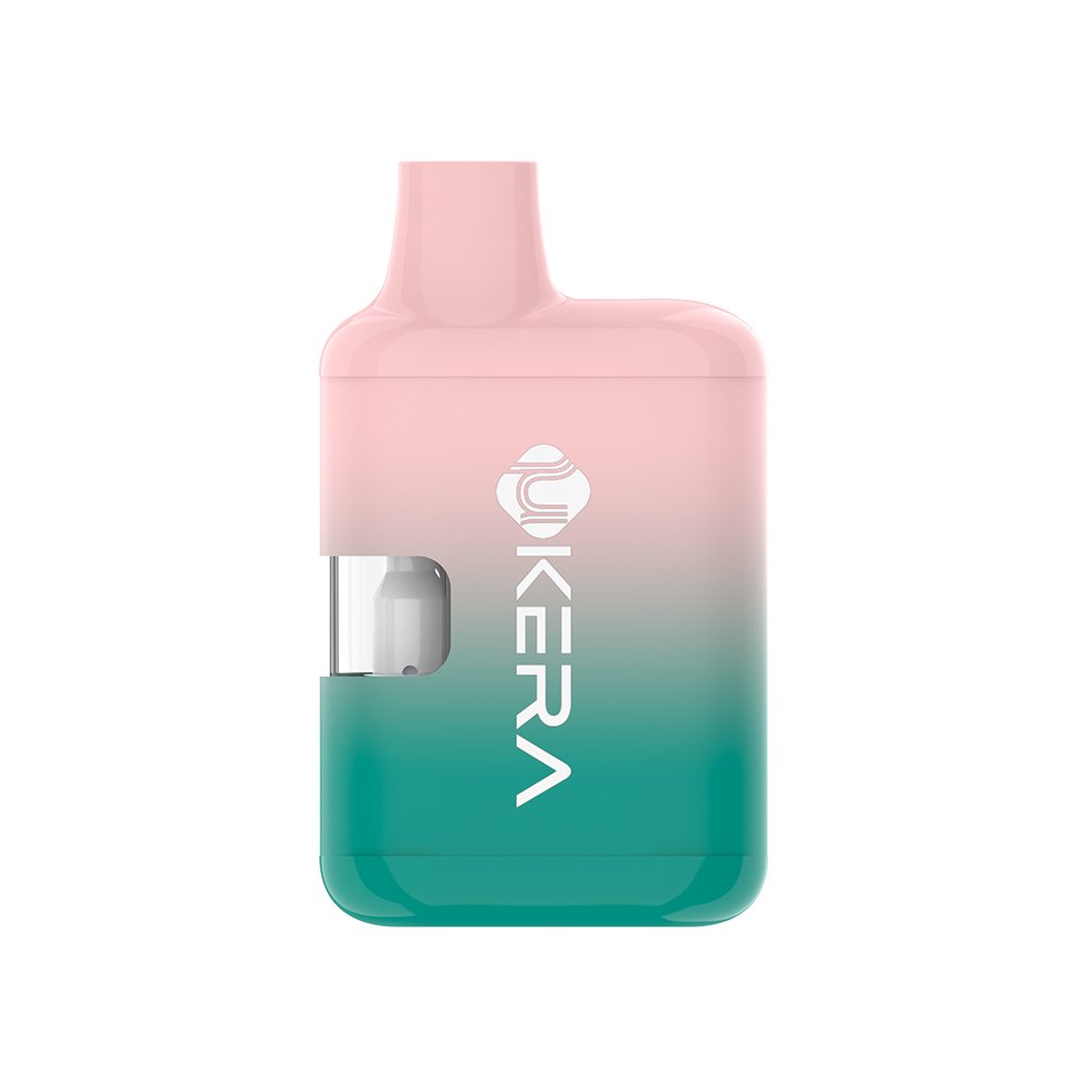 UkeraLab uKERA Nimbus II compact disposable vape pen featuring soft pastel pink and dark green two-tone gradient body with visible oil window.