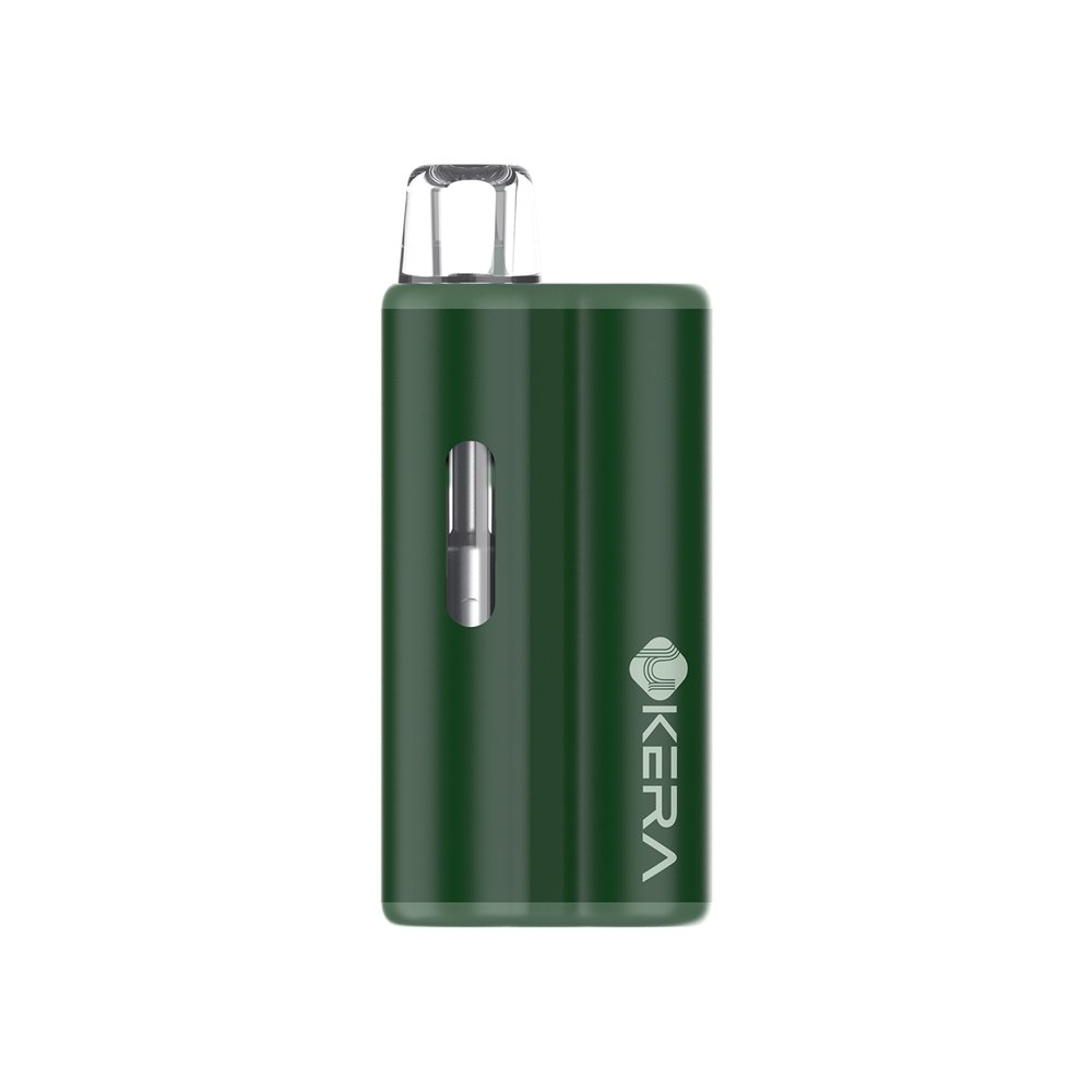 Close-up view of the uKERA Mini disposable vape highlighting its high-efficiency ceramic heating element and clear oil viewing window.