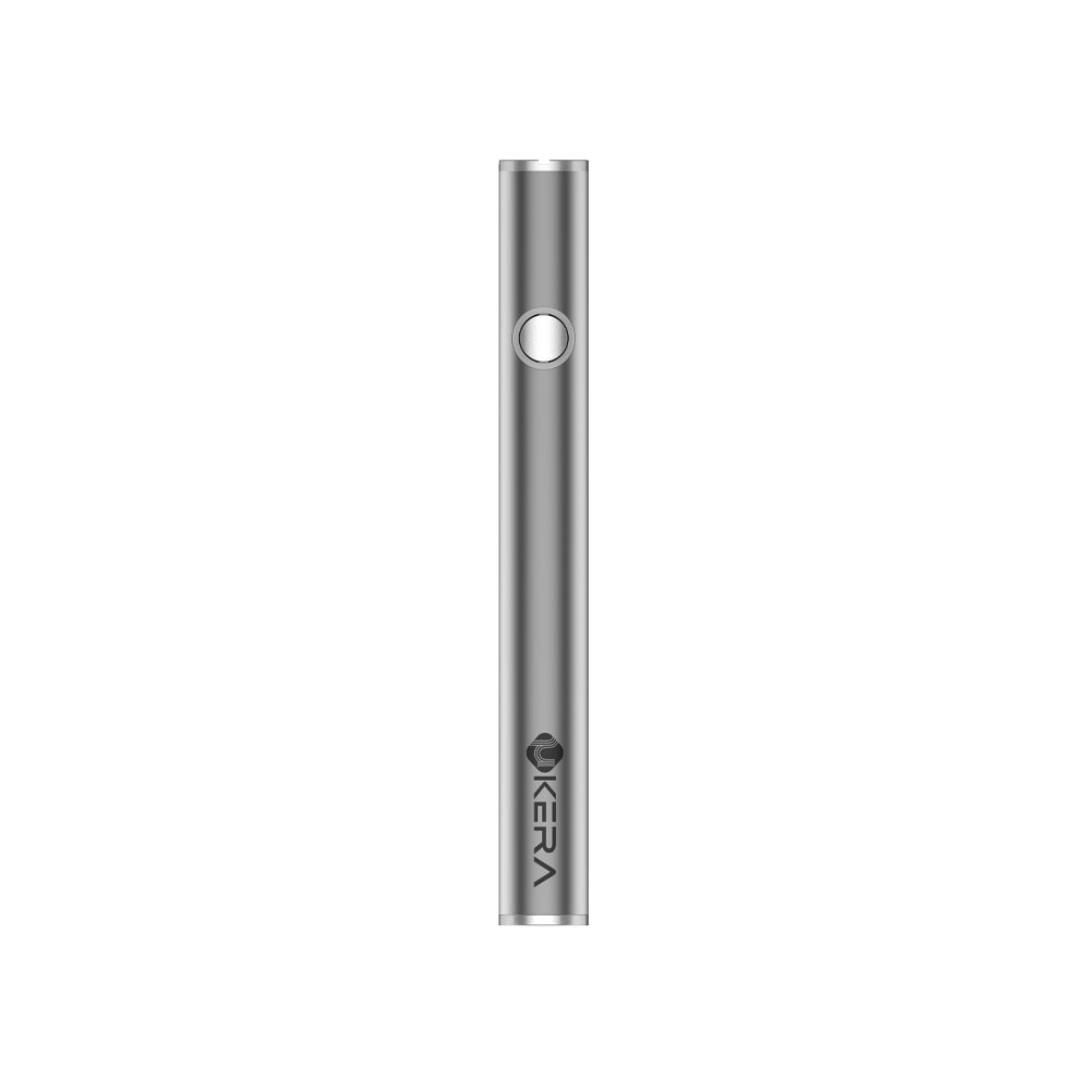 Lineup of uKERA button-activated 510-thread vape pen batteries displayed in multiple custom color options and stainless steel finishes.