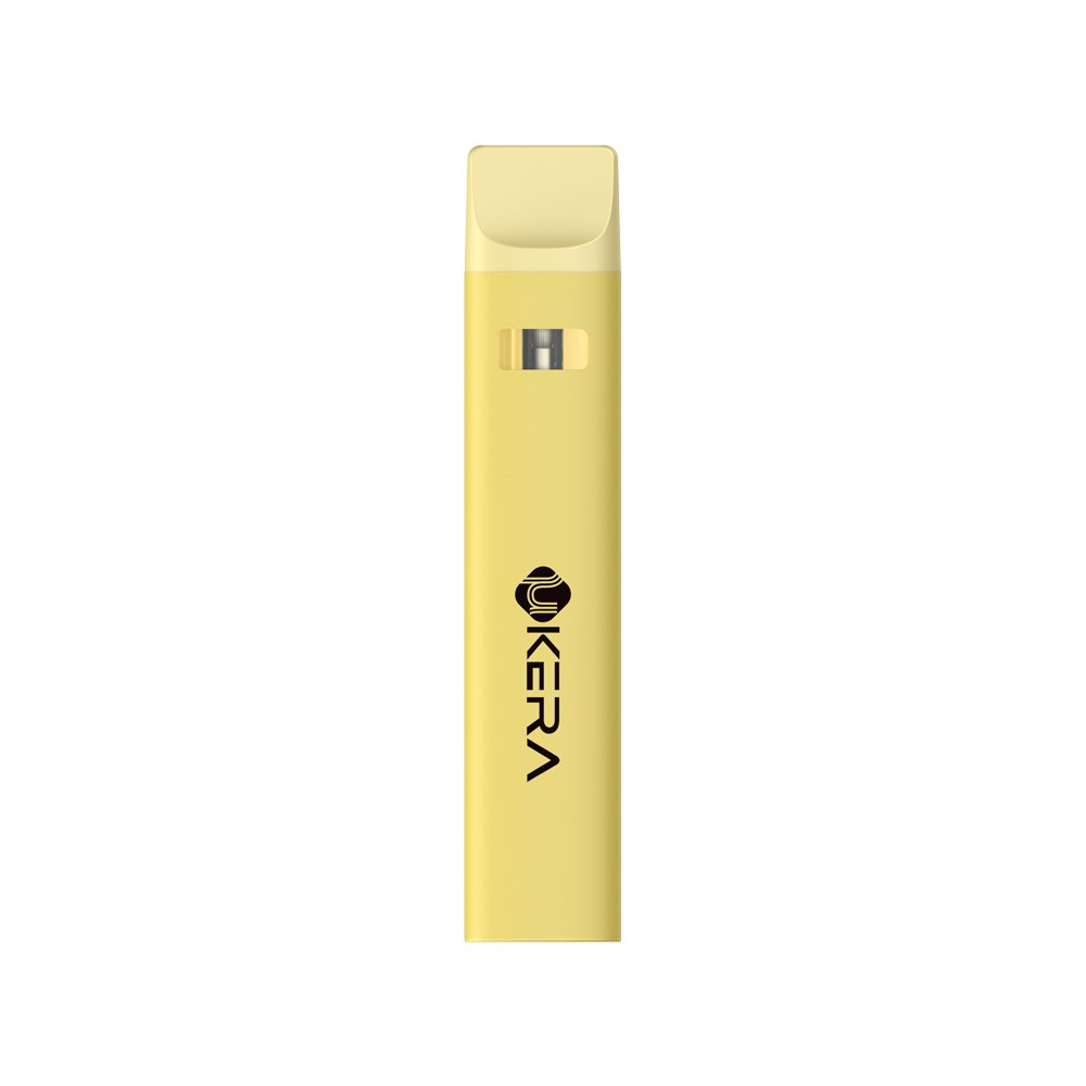 uKERA XP-R rechargeable disposable THC vape devices on a wooden table, featuring an ergonomic body, oil viewing window, and custom branding.