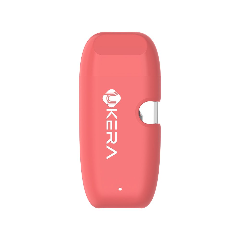 Soft pink uKERA G189 Cobi disposable vape pen showing clear tank viewing slot, food-grade materials, and advanced 1.4-ohm mesh coil heating element at UKERALAB.com.