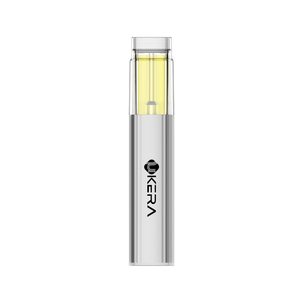 Close-up view of the uKERA XP Pro disposable vape highlighting its full-view transparent PCTG oil tank and ceramic heating mouthpiece.
