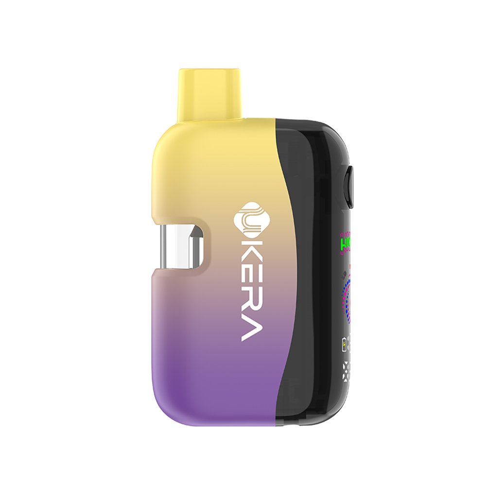 Close-up view of UkeraLab G191 Slate disposable vape pen showcasing transparent visible PCTG oil tank compatible with 1mL and 2mL extract capacities.