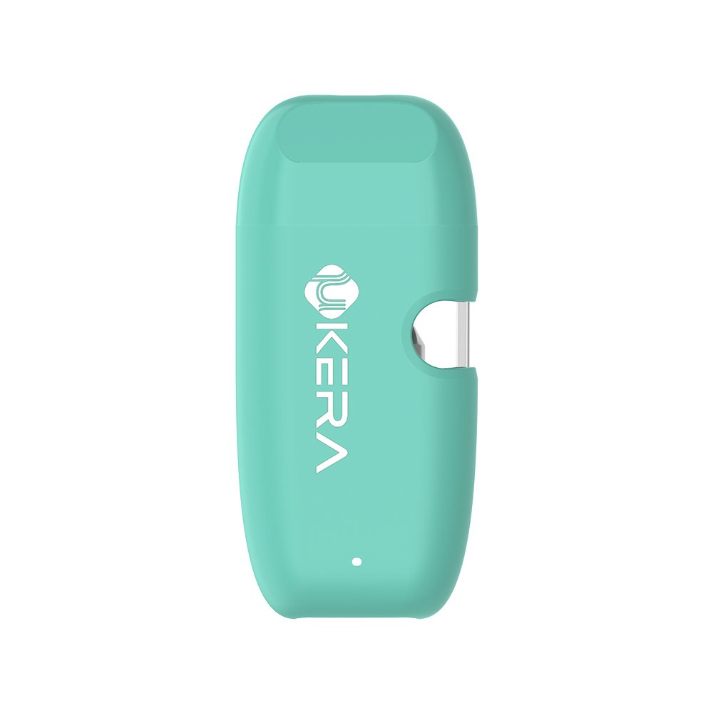Front view of the cyan pastel uKERA G189 Cobi disposable vape featuring a 1mL-2mL visible oil window, Aero-Flux anti-clogging technology, and SUS 316 center post at UKERALAB.com.