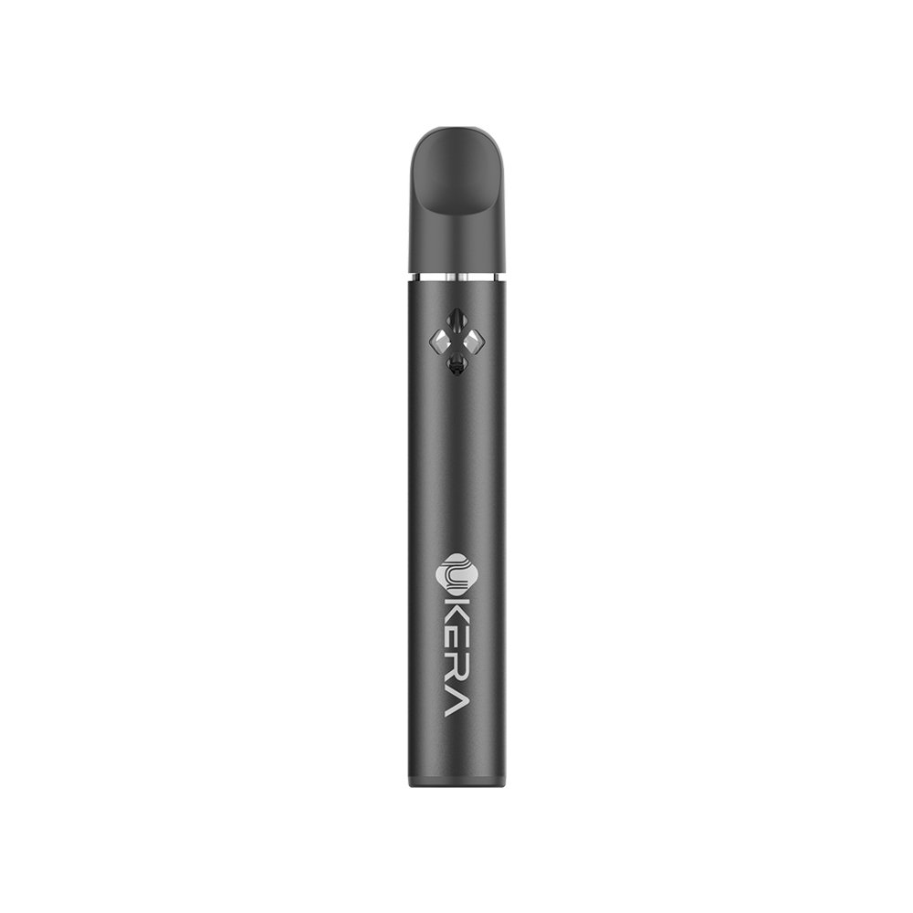 Sleek matte black uKERA GP disposable vape pen featuring a round oil viewing window and ergonomic cylindrical body.