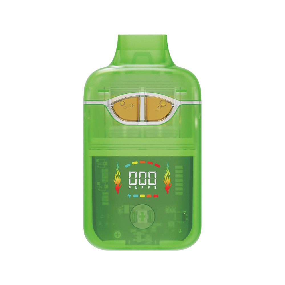 Translucent green Ukera dual-flavor vape devices with smart digital screens positioned on pedestals against a snow-covered hill background.