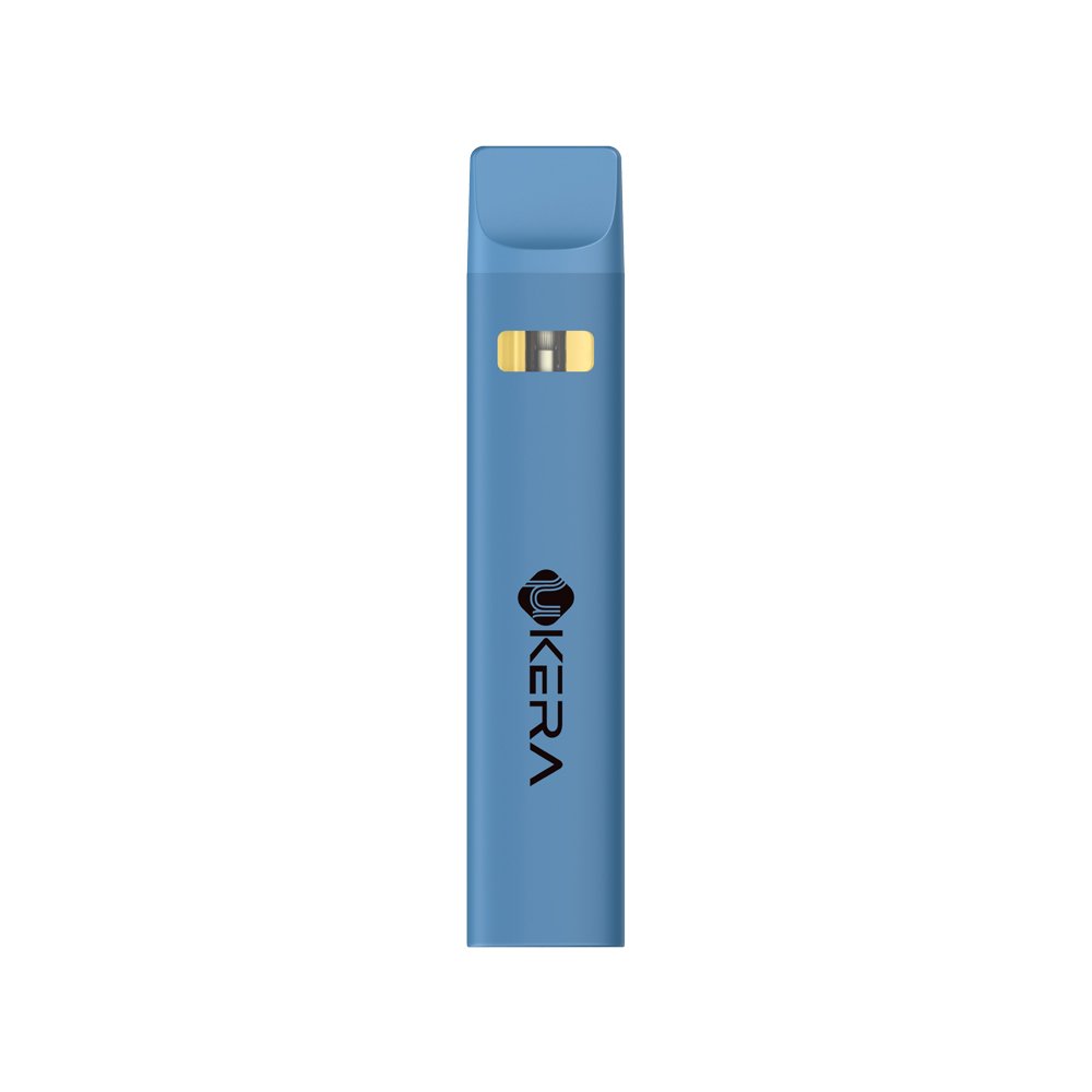 Five custom-branded uKERA XP-R disposable vape pens in vibrant orange, pastel blue, and green finishes, presented on a round wooden podium.