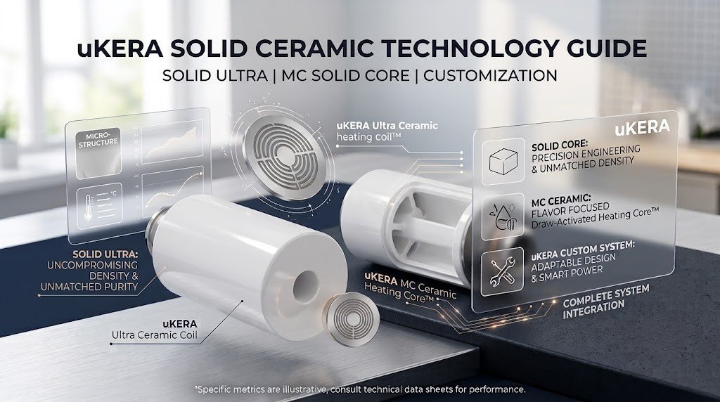 Technical banner illustrating uKERA's Solid Ceramic Technology for vaporizers, featuring specific products like the Ultra Ceramic Coil and MC Ceramic Heating Core with integrated data charts on density and purity.
