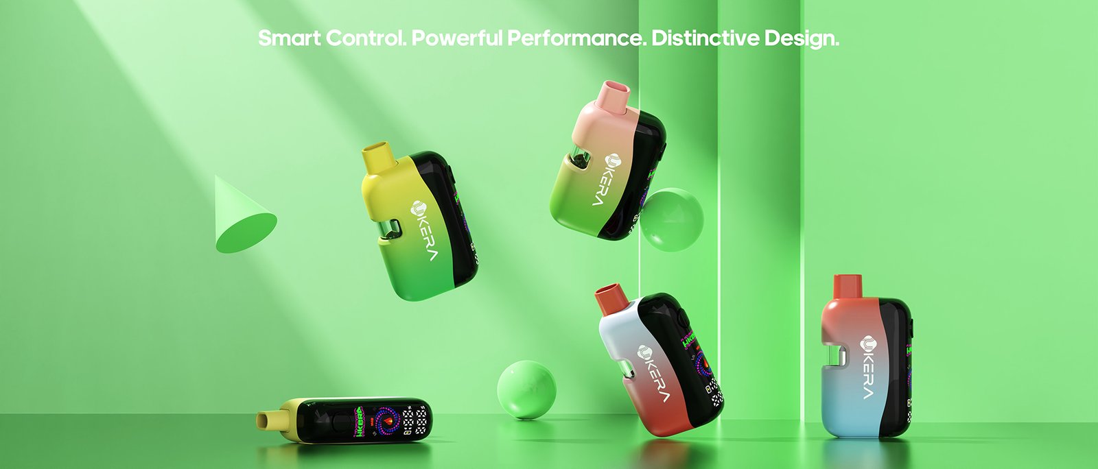 UkeraLab uKERA G191 Slate smart disposable vape series in multi-color gradient designs floating on a green studio podium with the slogan Smart Control Powerful Performance Distinctive Design.