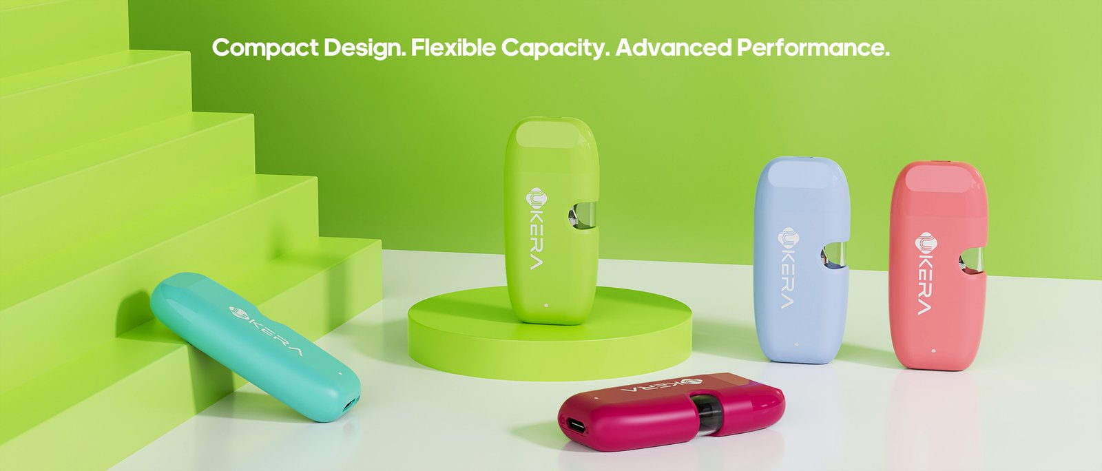 UkeraLab uKERA G189 compact disposable vape collection in green, blue, pink, turquoise, and magenta displayed with text Compact Design Flexible Capacity Advanced Performance.