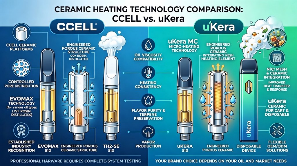 Detailed infographic comparing ukera MC mesh ceramic heating technology vs CCELL EVO. Highlights uKera's ultra-fast heat response, zero hot spots, and superior terpene preservation for OEM/ODM vape cartridges available at ukeralab.com.