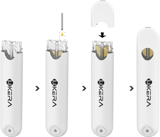 Step-by-step diagram illustrating the uKERA oil filling and top-cap sealing process for a white all-in-one disposable vape pen.