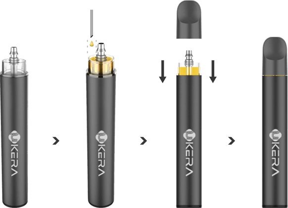 Step-by-step diagram illustrating the uKERA oil filling and mouthpiece capping process for a slim round all-in-one disposable vape pen.