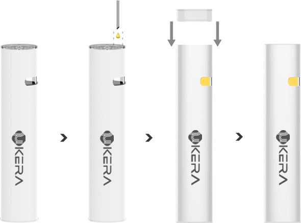 Step-by-step diagram illustrating the uKERA oil filling and top silicone cap sealing process for a white cylindrical all-in-one disposable vape device.