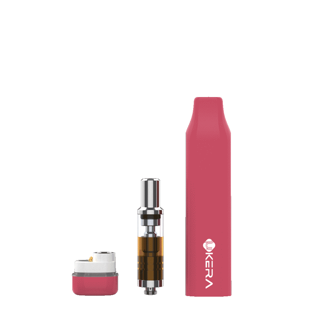 uKERA Magneto vape hardware components in pink finish displayed side-by-side showing the lower magnetic adapter base, clear glass cartridge atomizer, and outer body cover.