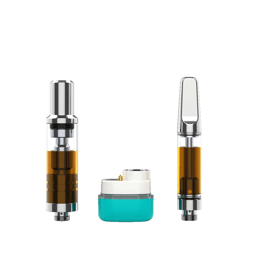 uKERA Magneto 510-thread vape cartridges displayed alongside a cyan magnetic adapter connector base against a solid black background.