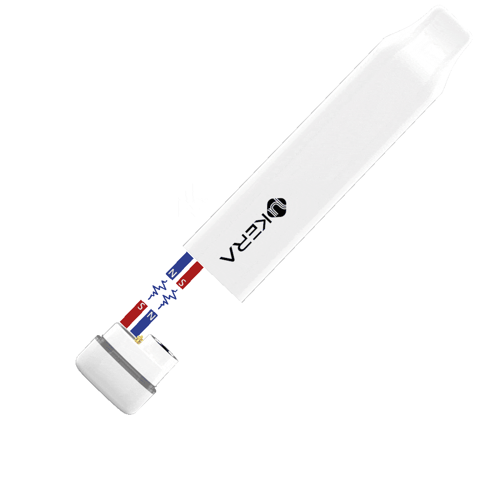 Diagram illustrating the white uKERA Magneto vape pen magnetic snap-in connection mechanism showing magnetic north and south pole alignment with the adapter base.