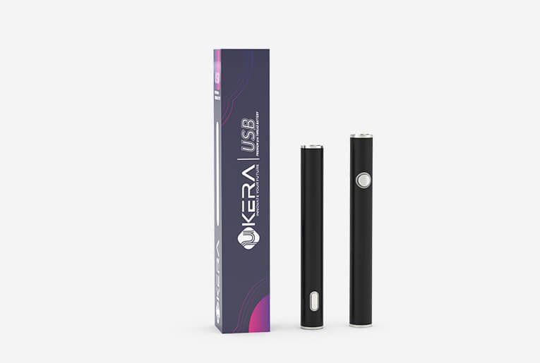 uKERA customized 510-thread vape battery packaging featuring two matte black pen batteries alongside a tall, slim custom purple branded paper box.