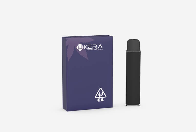 uKERA custom disposable vape pen packaging featuring a matte black all-in-one vape device alongside a custom purple paper box with state compliance warning symbol.