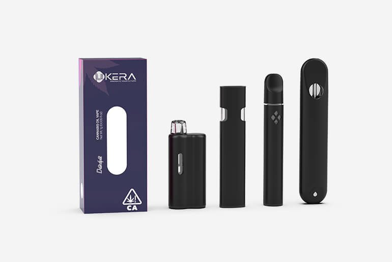 uKERA customized vape packaging display featuring a purple window box with compliance symbol standing next to four matte black disposable vape pens and pod devices.