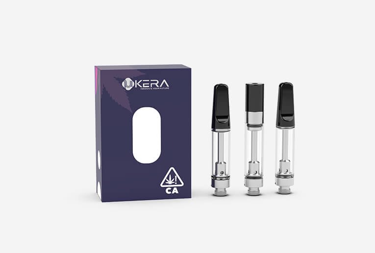 uKERA customized 510 glass cartridge packaging featuring three 510-thread oil cartridges next to a custom purple window box with state compliance symbol.