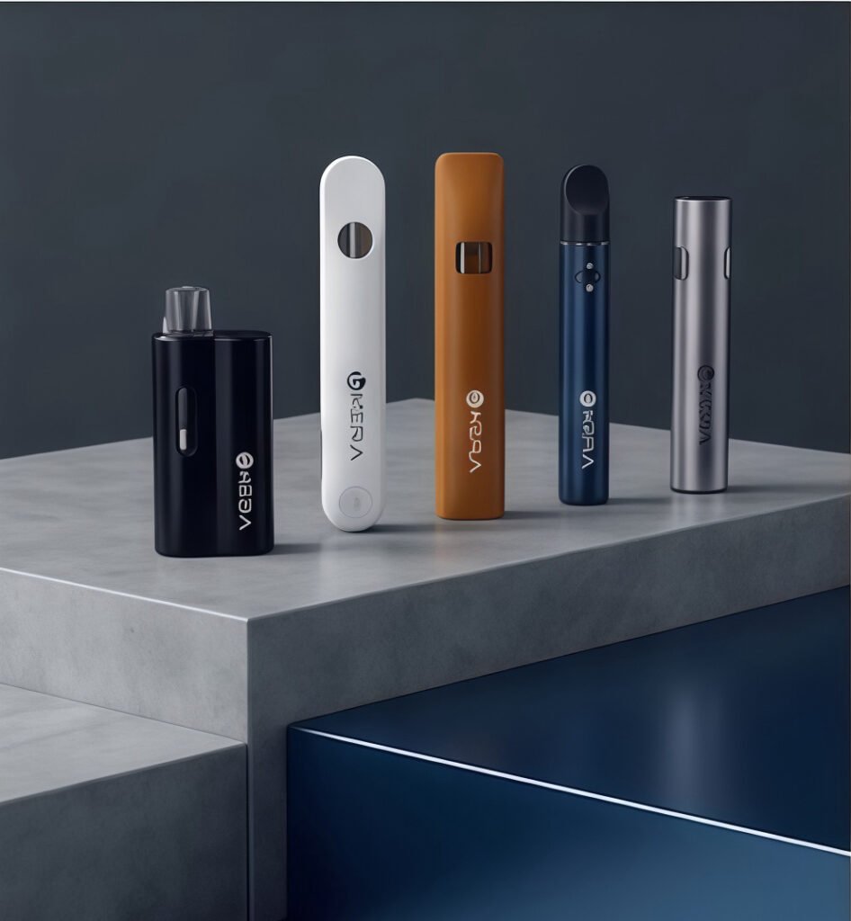 Five custom uKERA all-in-one disposable vape devices standing on concrete and metallic blue platforms in gloss black, matte white, amber orange, dark blue, and metallic silver finishes.