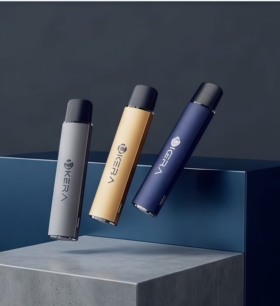 Three custom-branded uKERA all-in-one disposable vape pens floating above concrete and metallic blue pedestals in metallic silver, champagne gold, and dark navy blue finishes.