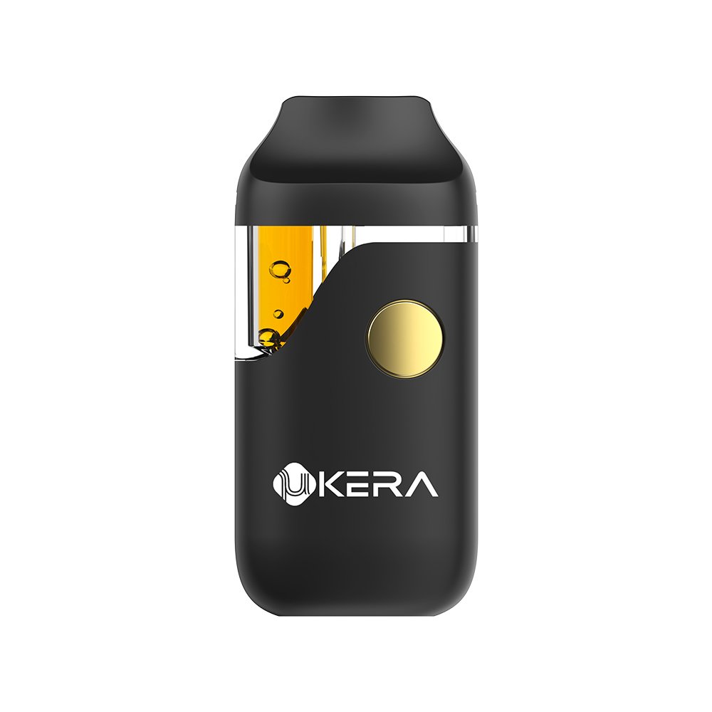 UkeraLab uKERA AF64 button-activated disposable vape in sleek black, showcasing the 1ml and 2ml dual capacity options, gold control button, and curved oil viewing window.