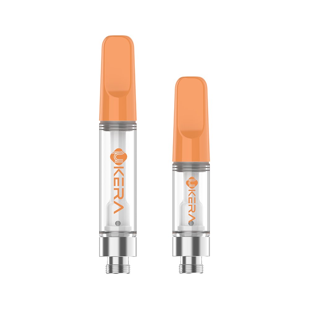 Two orange Ukera G181 Luma 510 thread ceramic vape cartridges in 1.0mL and 0.5mL capacities, featuring a clear borosilicate glass tank designed for wholesale OEM manufacturing.