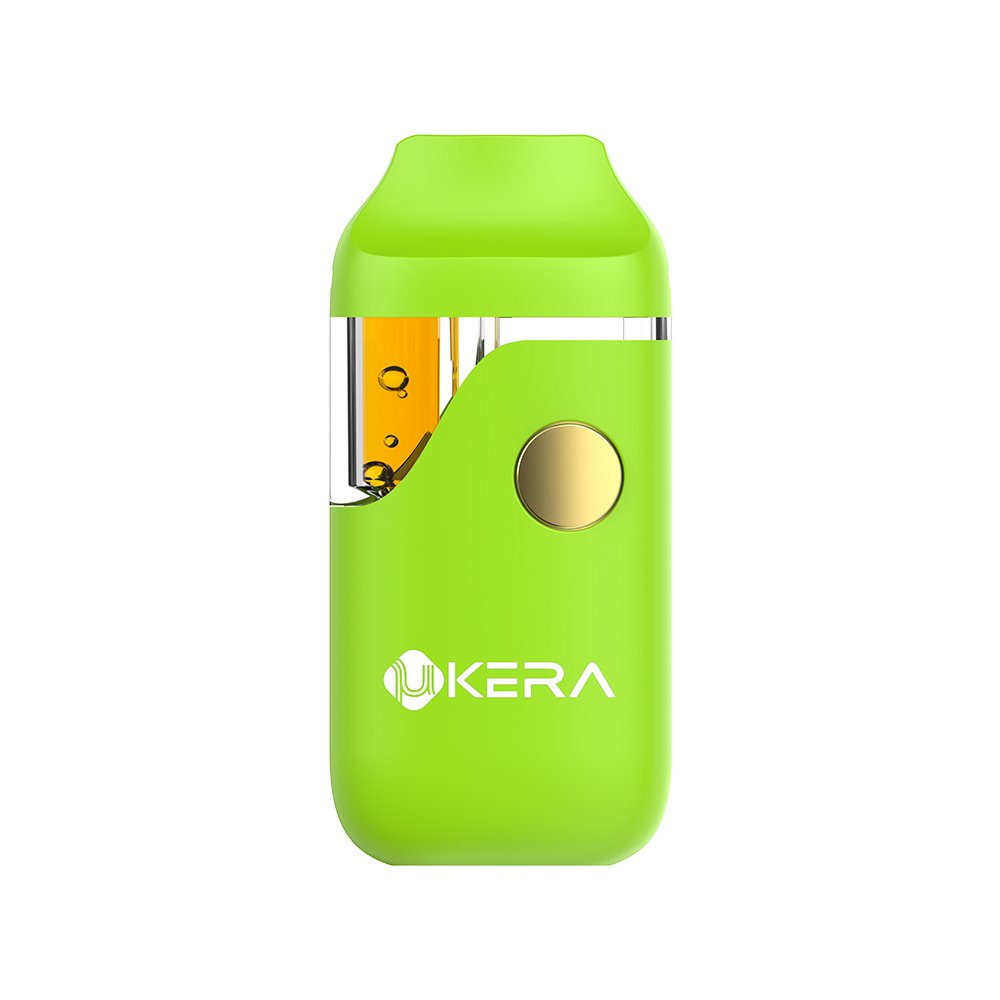 UkeraLab uKERA AF64 1ml and 2ml capacity disposable vape device in vibrant green, featuring a golden activation button, ergonomic mouthpiece, and clear curved oil reservoir window.
