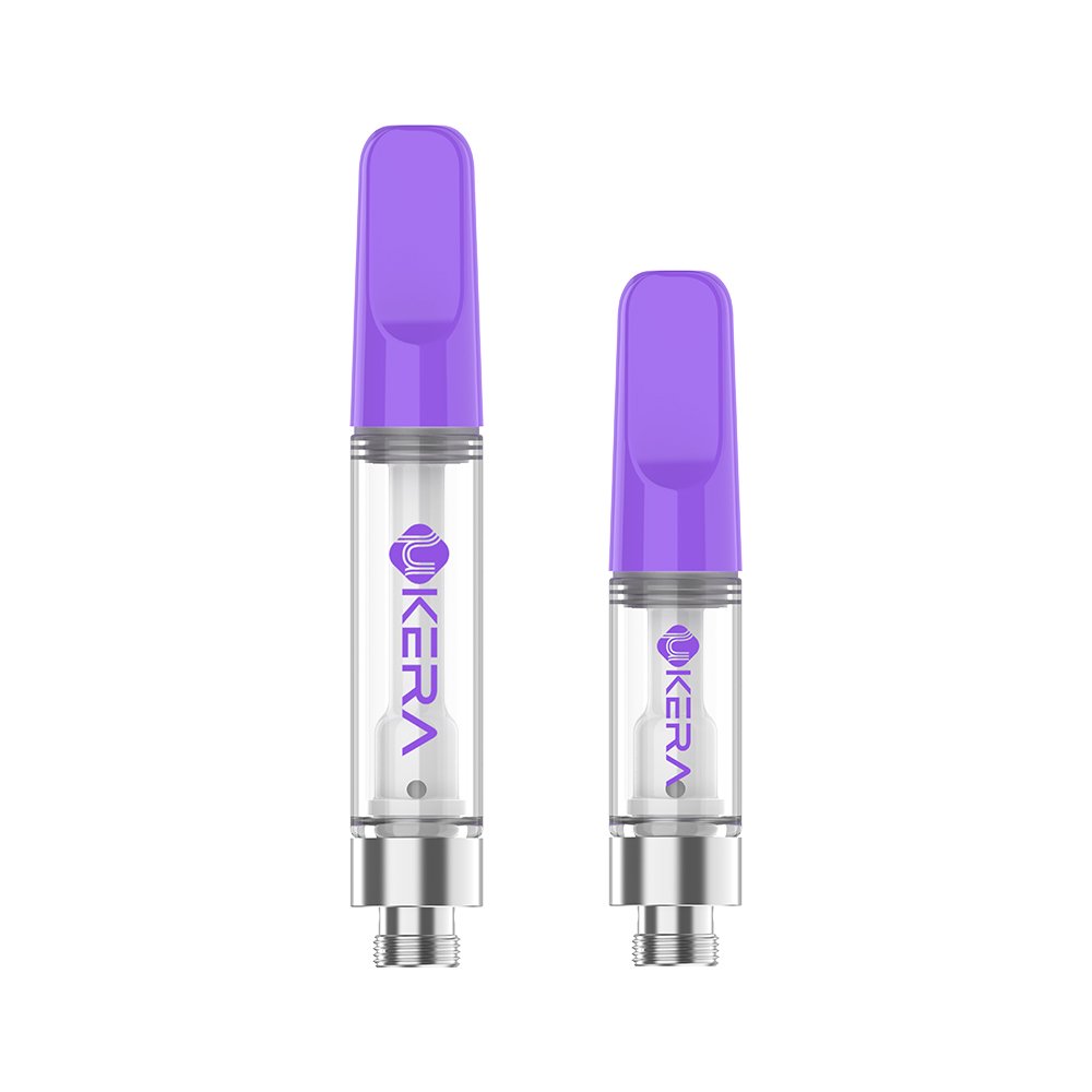 Purple Ukera G181 Luma ceramic core vape cartridges in 1.0mL and 0.5mL sizes, highlighting the tapered mouthpiece and zirconia ceramic central post for ODM brands.