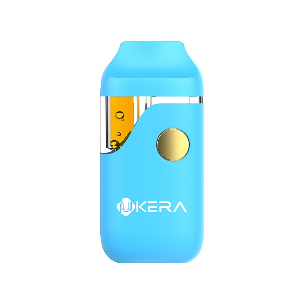 UkeraLab uKERA AF64 disposable vape pen in bright blue, highlighting the dual 1ml and 2ml tank sizes, transparent oil window, and central gold precision control button.