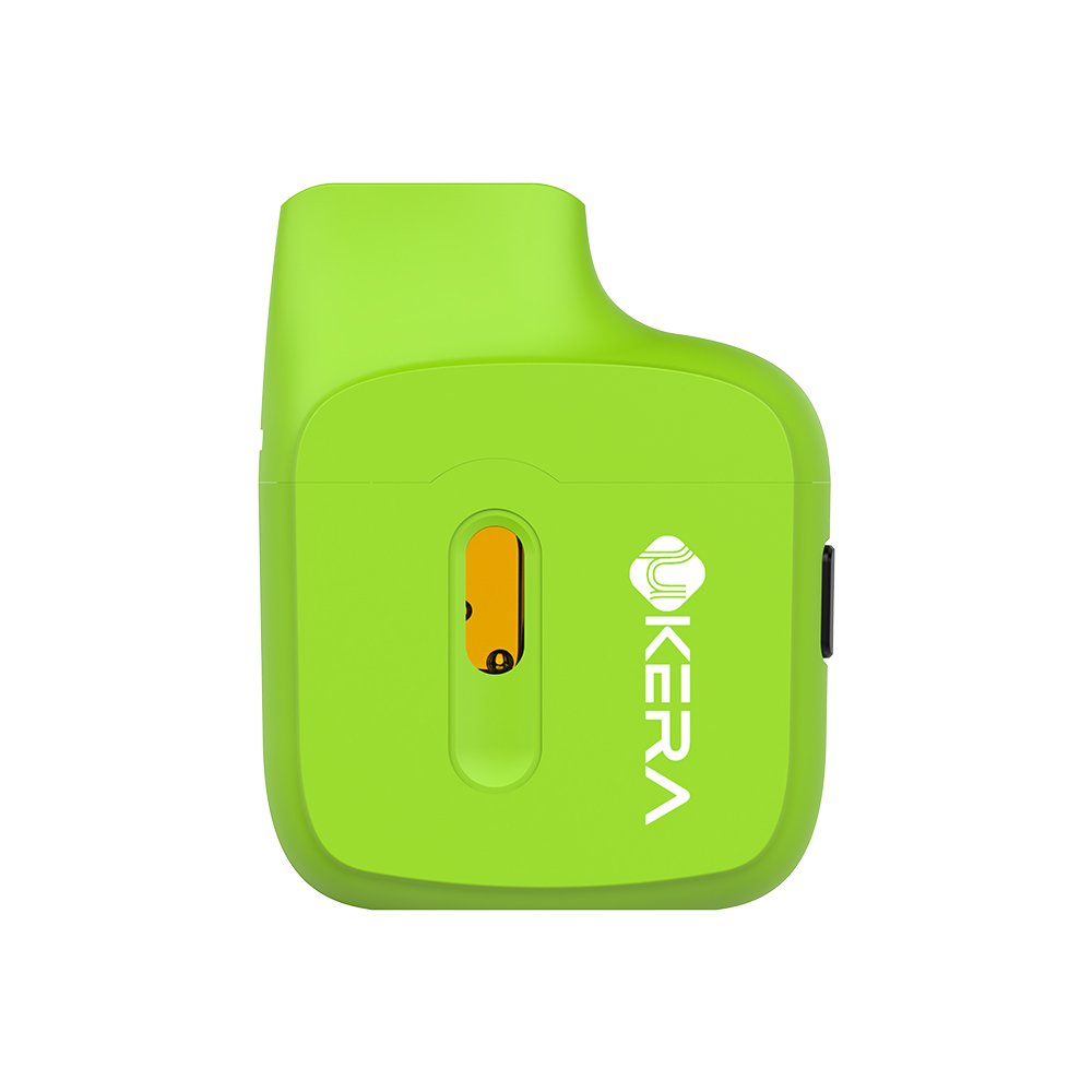 Bright green Ukera YB56 compact disposable vape pen featuring visible distillate tank window and durable aluminum alloy shell