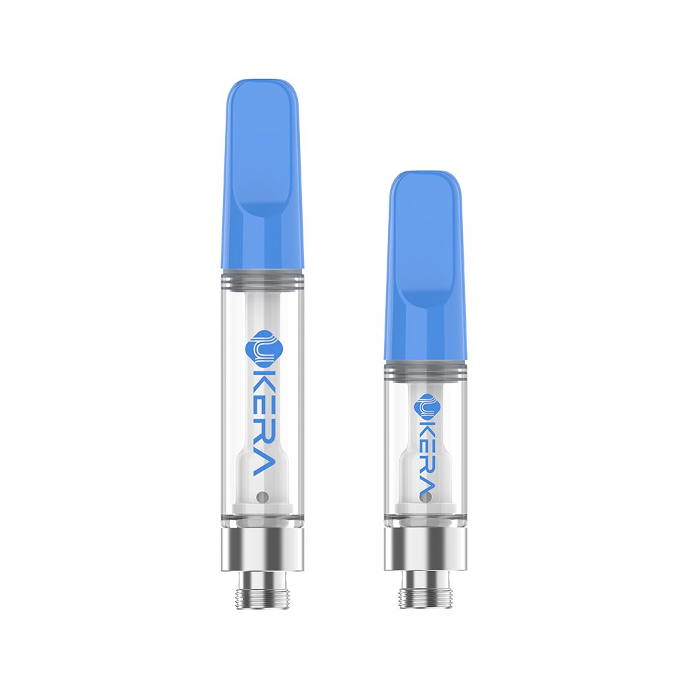 Blue Ukera G181 Luma mesh coil 510 thread cartridges in 1.0mL and 0.5mL capacities, showcasing vibrant customizable mouthpiece options for independent vape brands.