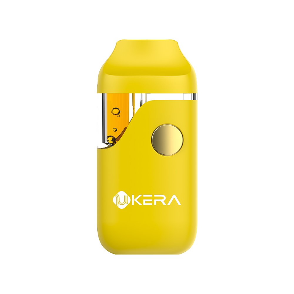 UkeraLab uKERA AF64 1ml and 2ml disposable vape hardware in bright yellow, demonstrating the clear curved oil viewing window and tactile gold activation button on a clean background.