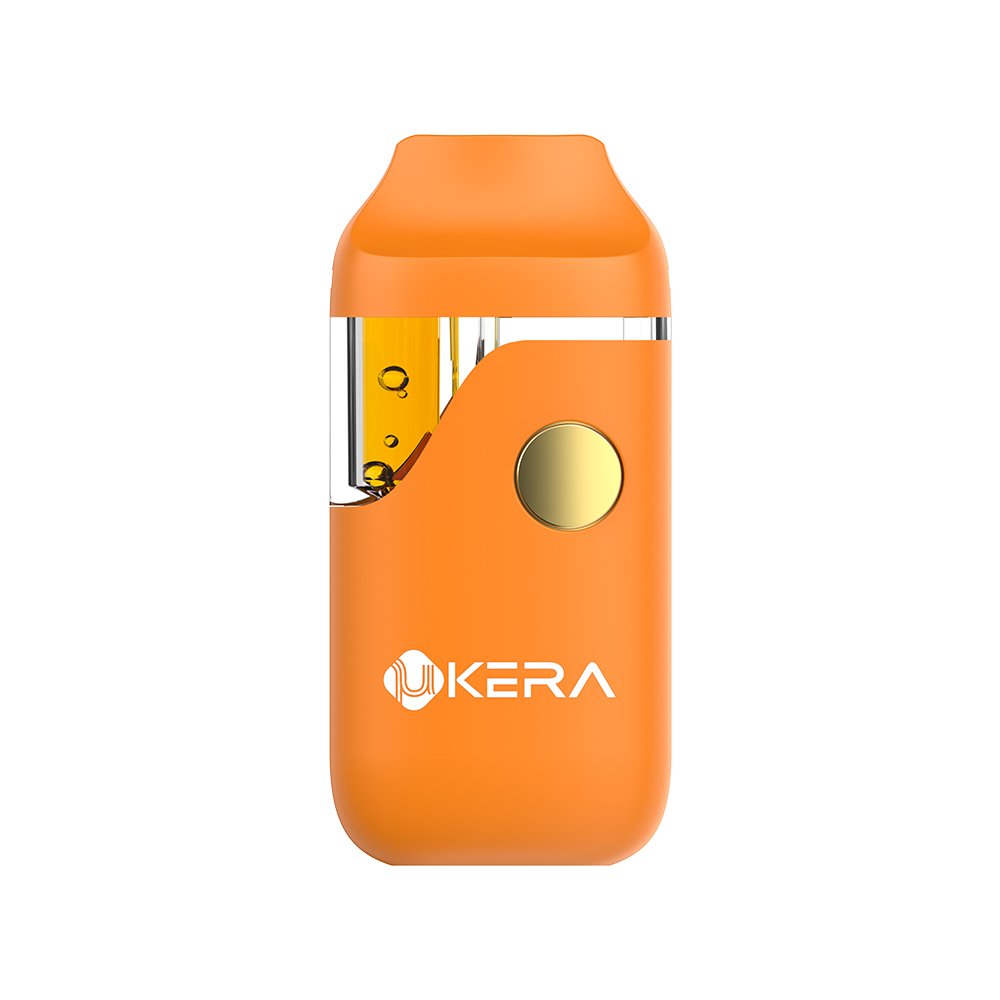 UkeraLab uKERA AF64 button-activated disposable vape device in bold orange, featuring the combined 1ml and 2ml capacity design, curved transparent oil window, and gold button interface.