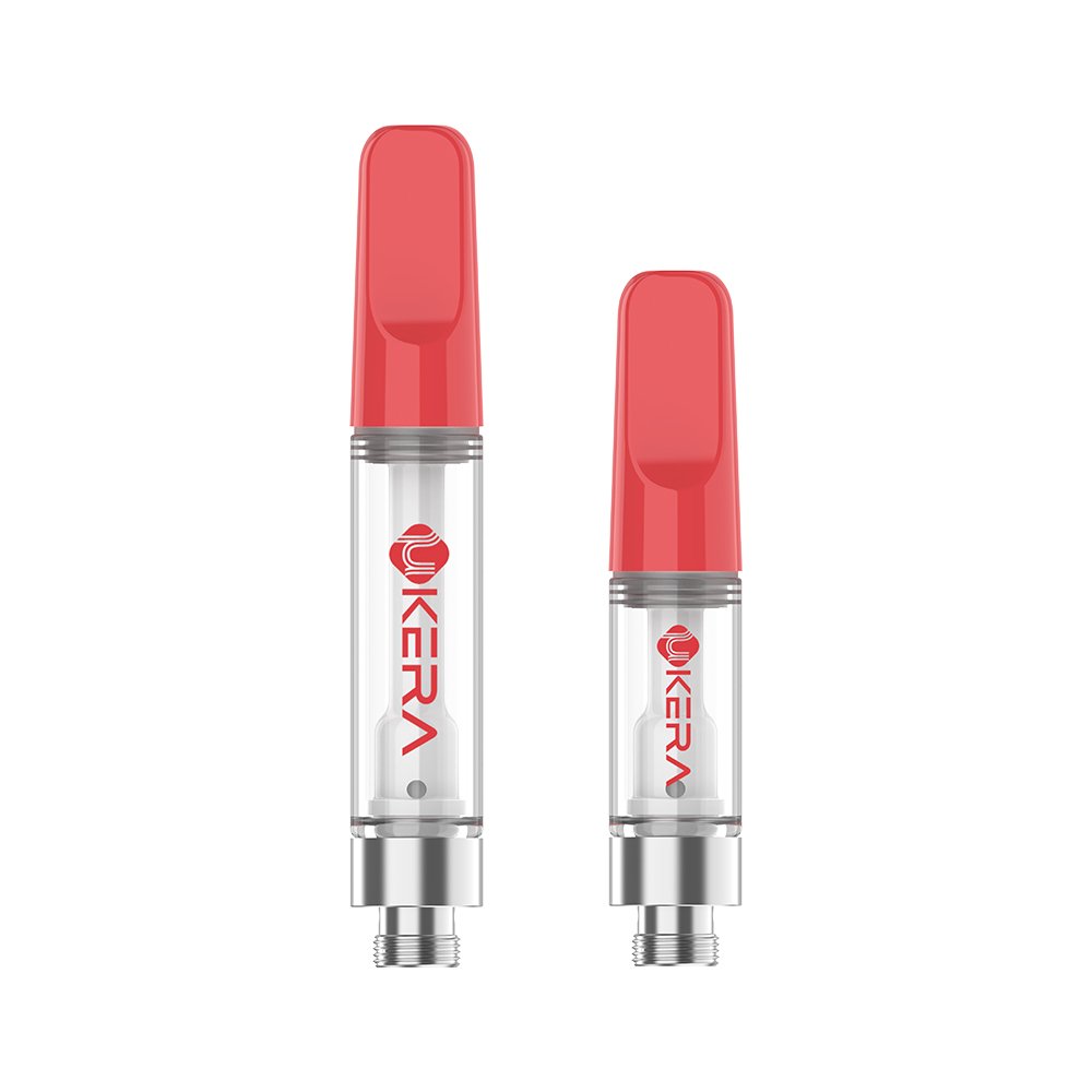 Red Ukera G181 Luma 510 thread ceramic cartridges in 1.0mL and 0.5mL sizes, displaying a sleek snap-on style mouthpiece and clear oil reservoir for custom filling.