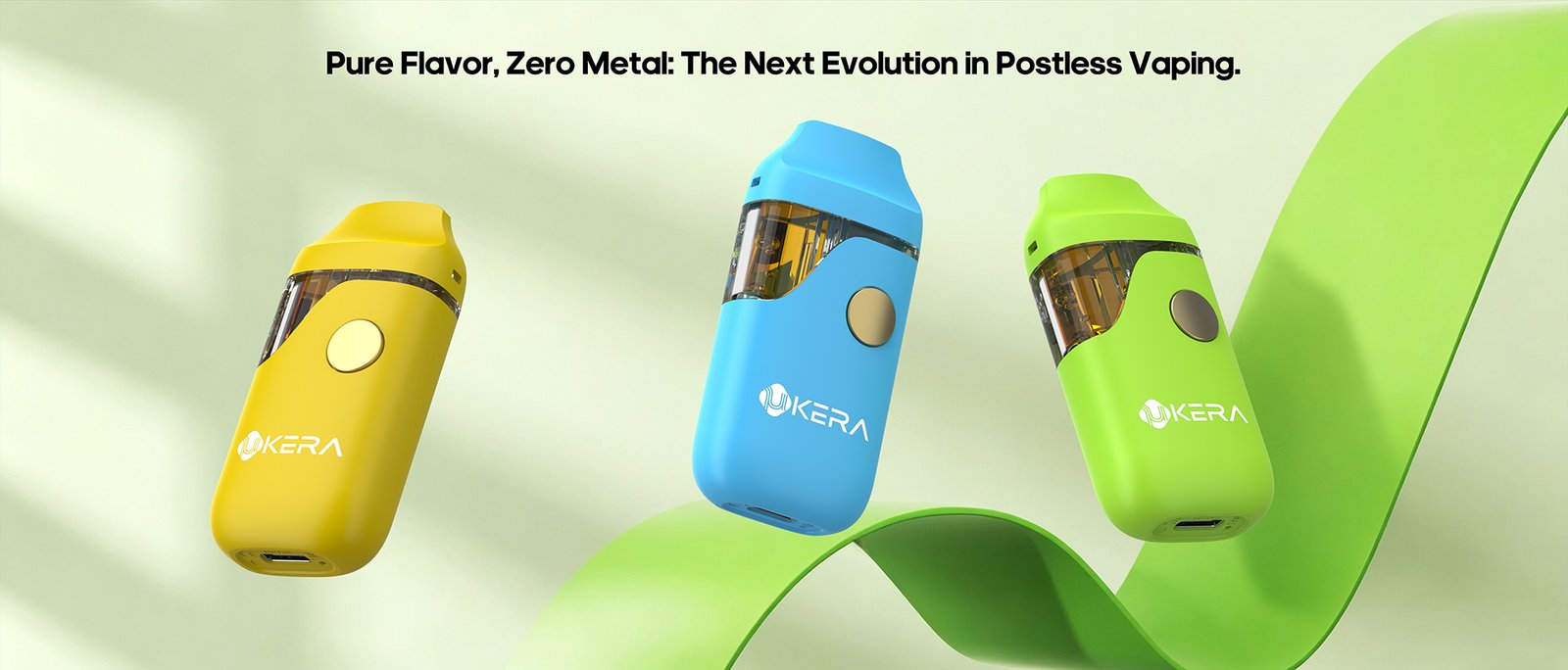UkeraLab uKERA AF64 postless zero-metal disposable vapes in yellow, blue, and lime green with gold control buttons and clear oil windows, featuring the headline Pure Flavor, Zero Metal: The Next Evolution in Postless Vaping along a green ribbon backdrop.